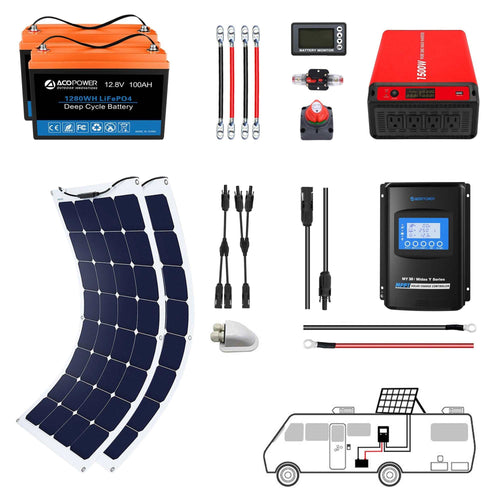 ACOPOWER Flexible RV Solar System with 330-watt solar panels, 12V LiFePO4 battery, inverter, MPPT solar charge controller, and installation cables for RVs and boats.