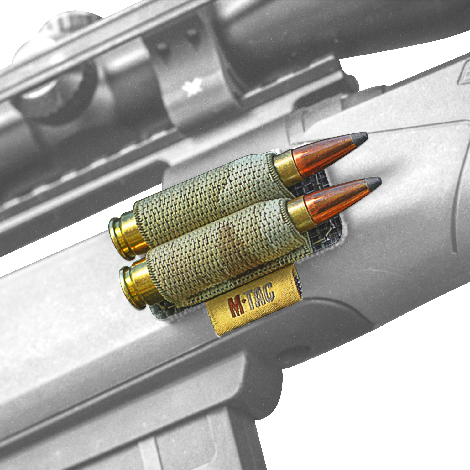 M-Tac 2 Round Bullet Holder for Rifle attached to stock, holds two cartridges for quick access.