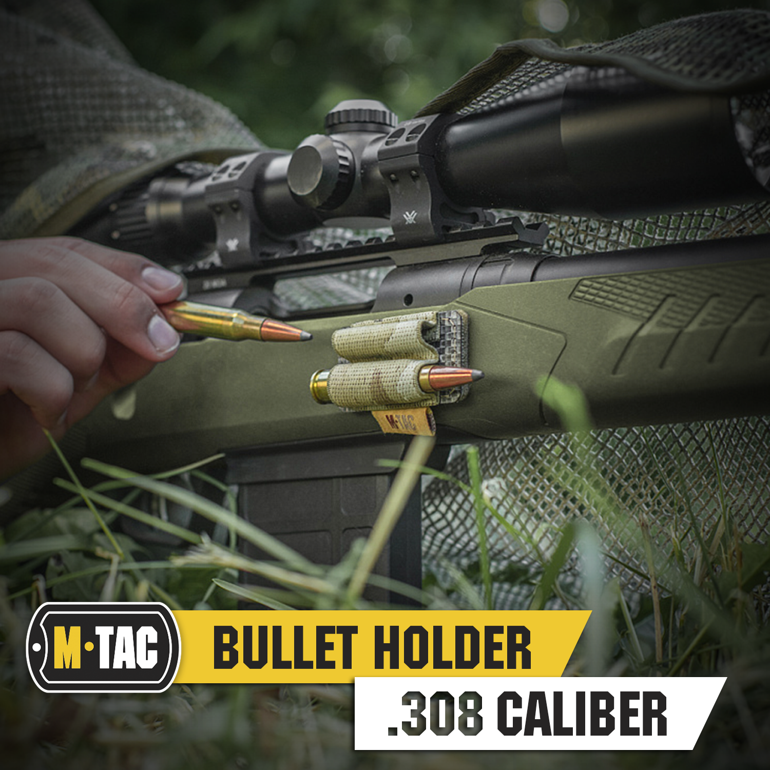 M-Tac 2 Round Bullet Holder for .308 caliber, attached to rifle stock for quick reloading.