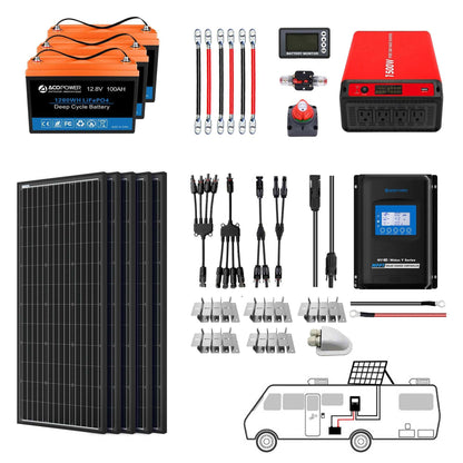 ACOPOWER Lithium Battery Mono Solar Power Complete System with Battery and Inverter for RV Boat 12V Off Grid Kit