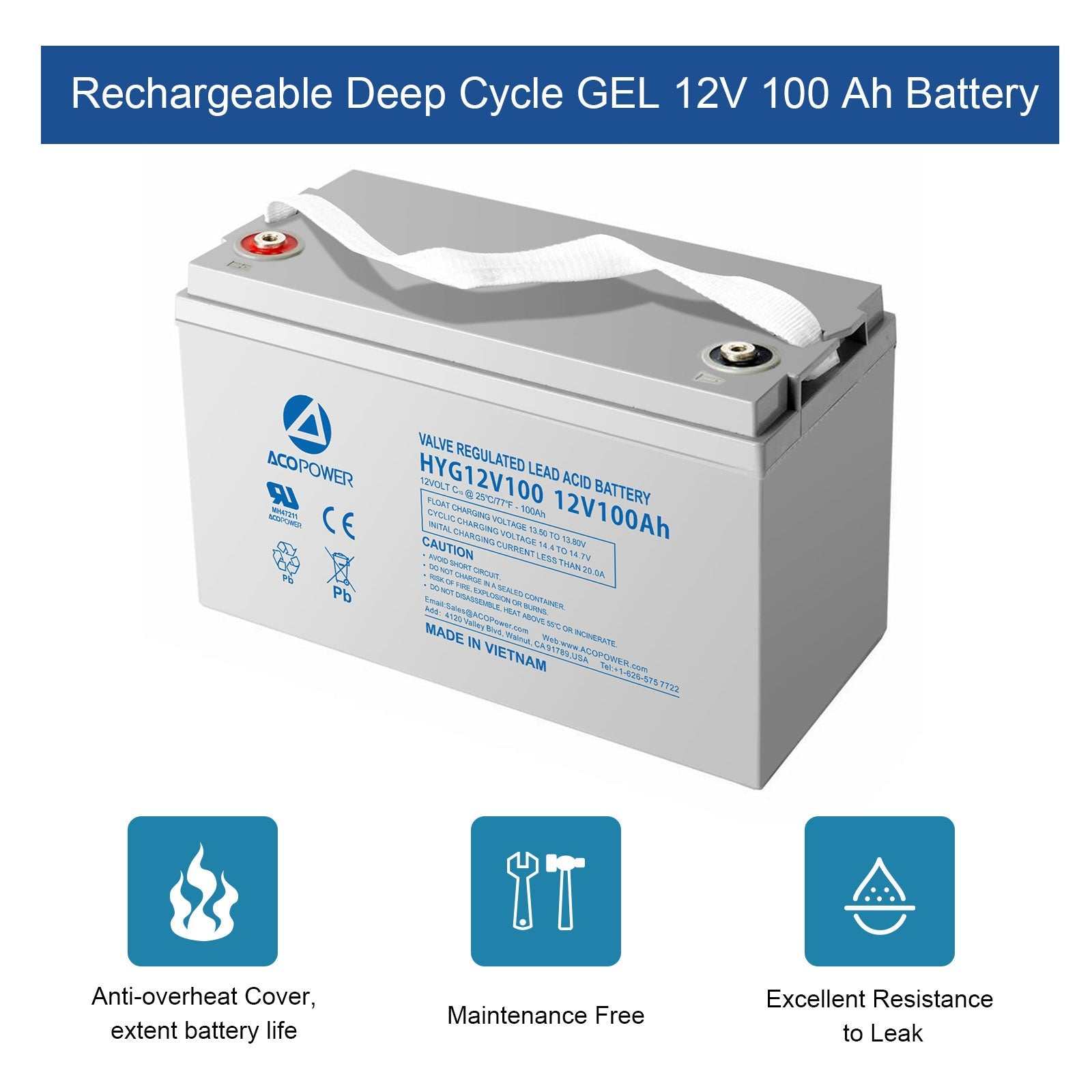 ACOPOWER 12V 100Ah Rechargeable Deep Cycle GEL Battery with maintenance-free design and leak resistance for solar power systems.