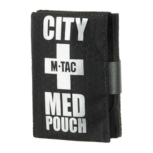 M-Tac City Med Pocket Pouch Hex, compact first aid kit, durable Hex Polyester material, black with medical cross and logo, portable medicine organizer.