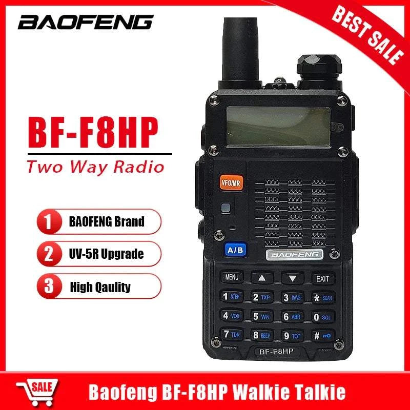 Baofeng BF-F8HP 8 Watt Ham Radio with upgrades, large display, and accessories.