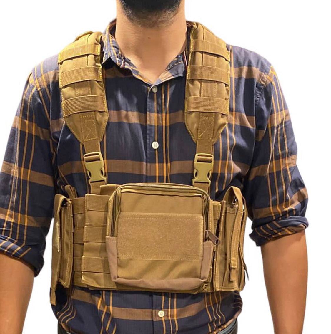 20 pcs Raider Chest Rig with accessories, 500D nylon, holds 5 AK/AR mags, padded shoulders, pistol mag pouches, utility and radio pouches.