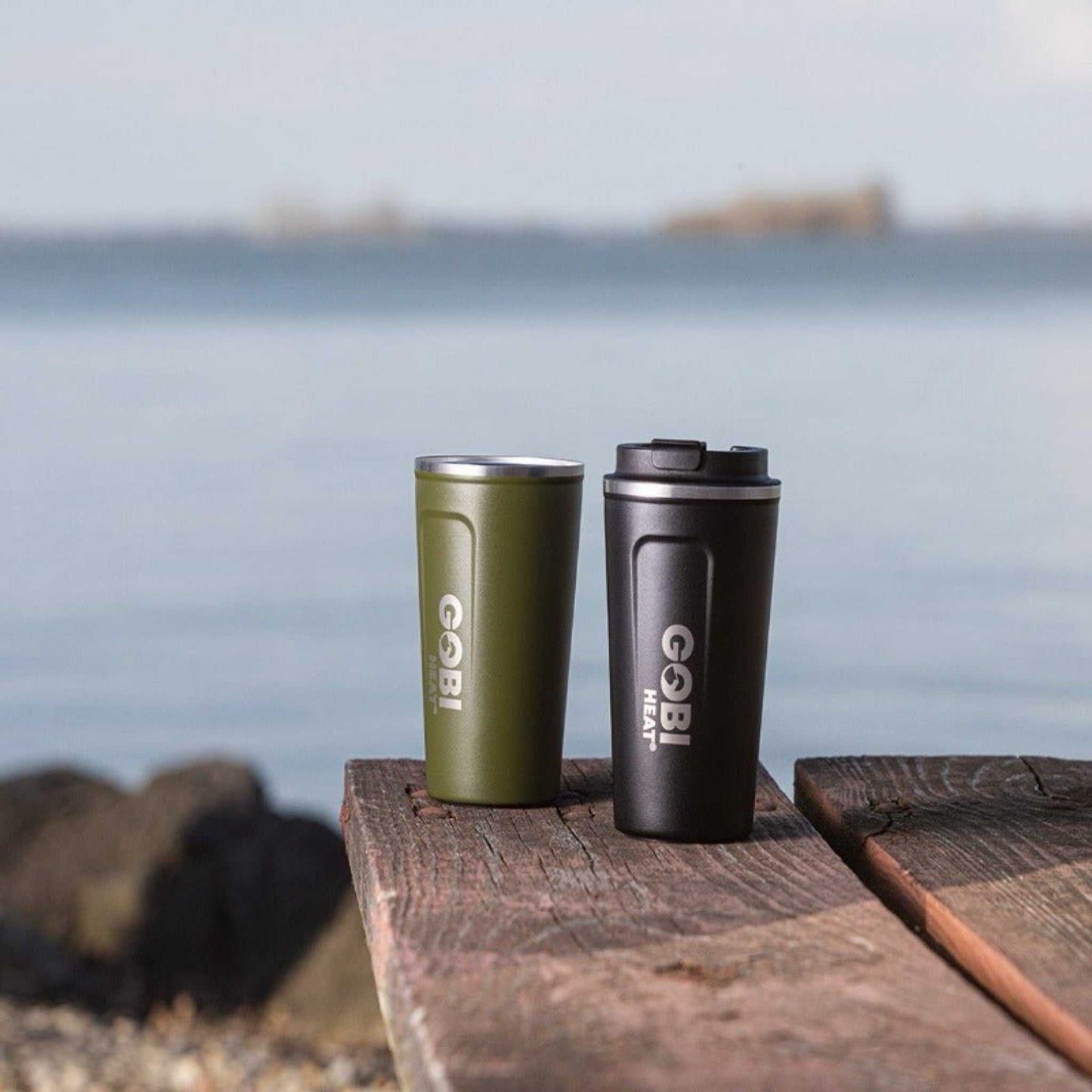 17oz stainless steel coffee mug, double-walled, insulated, BPA-free, outdoor setting.