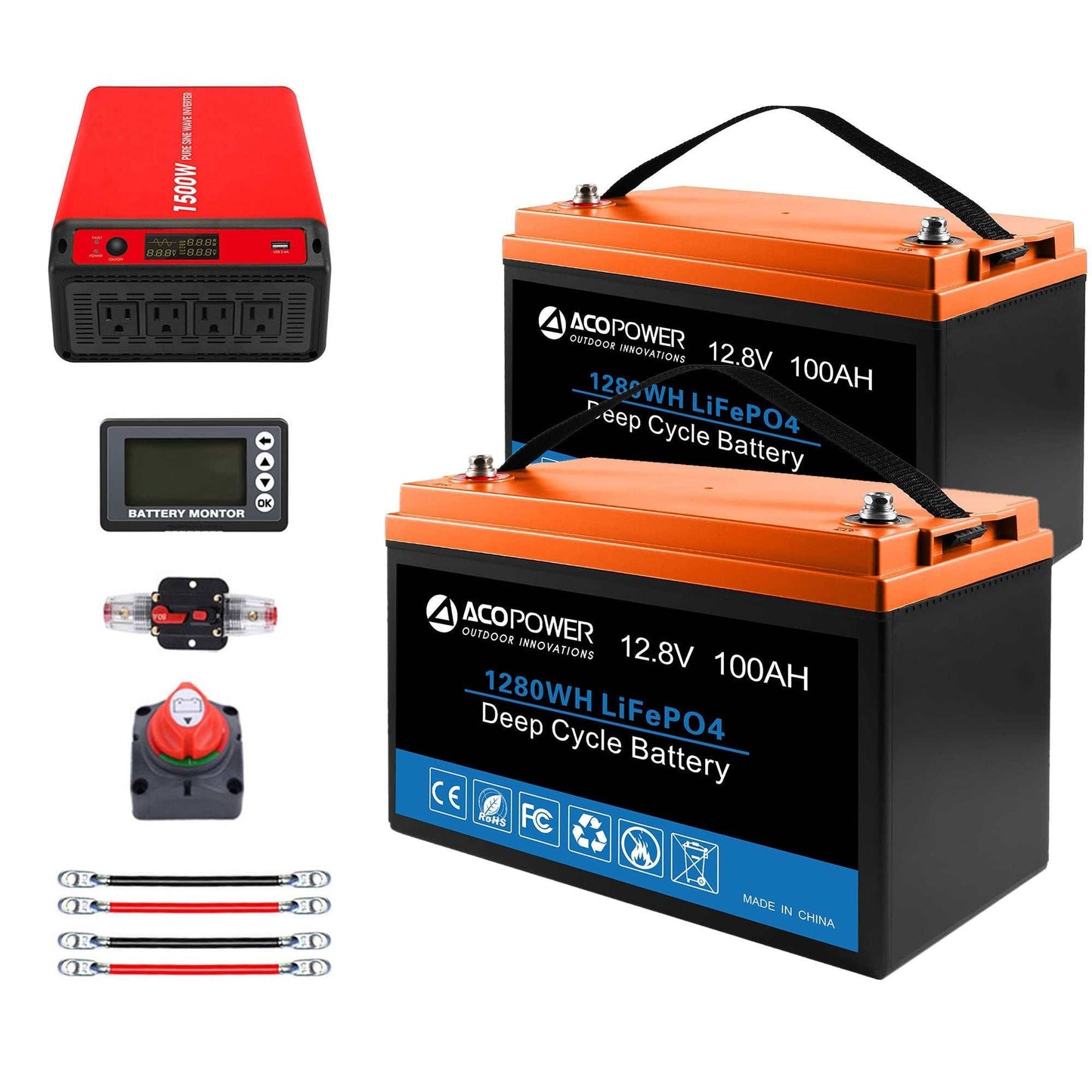 ACOPOWER 12V lithium battery solar power system for RVs and boats, featuring LiFePO4 batteries, inverter, and accessories.