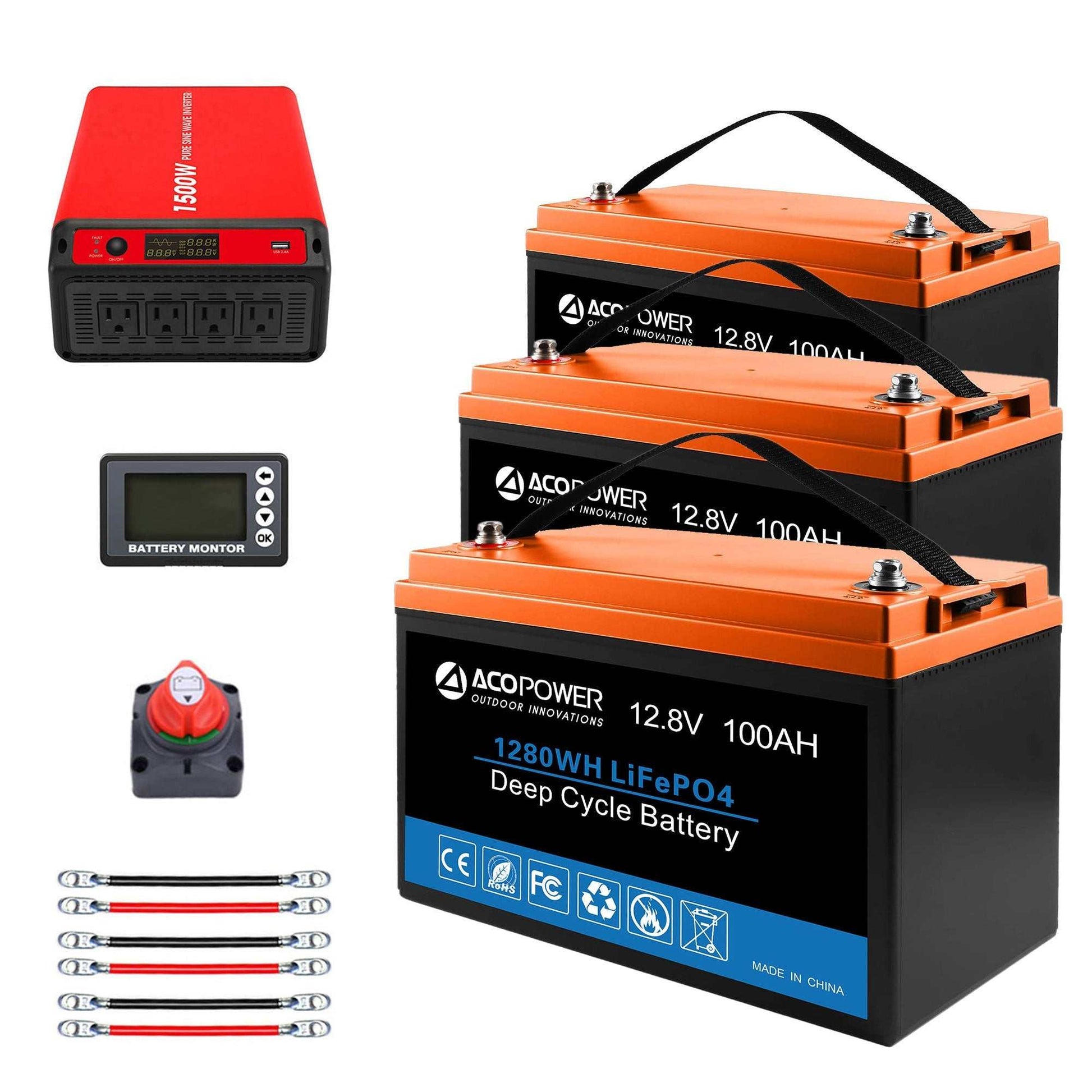 ACOPOWER 12V Lithium Battery Mono Solar Power System with Inverter and Controller for RV and Boat.