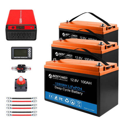 ACOPOWER Lithium battery solar power system with inverter, ideal for RVs and boats, 12V off-grid kit.