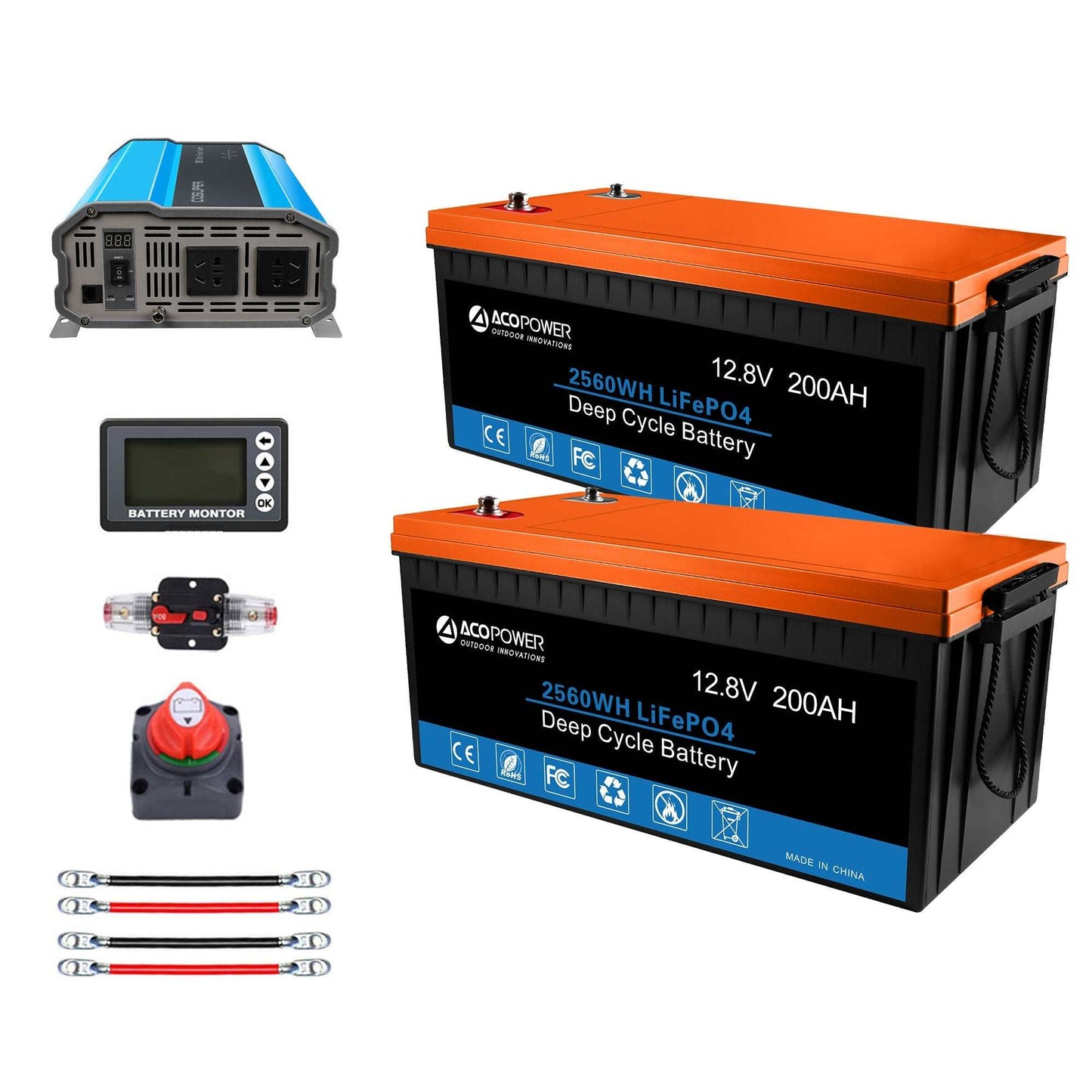 ACOPOWER Lithium Battery Mono Solar Power Complete System for RV or Boat, featuring deep cycle lithium batteries, inverter, charge controller, and battery monitor.