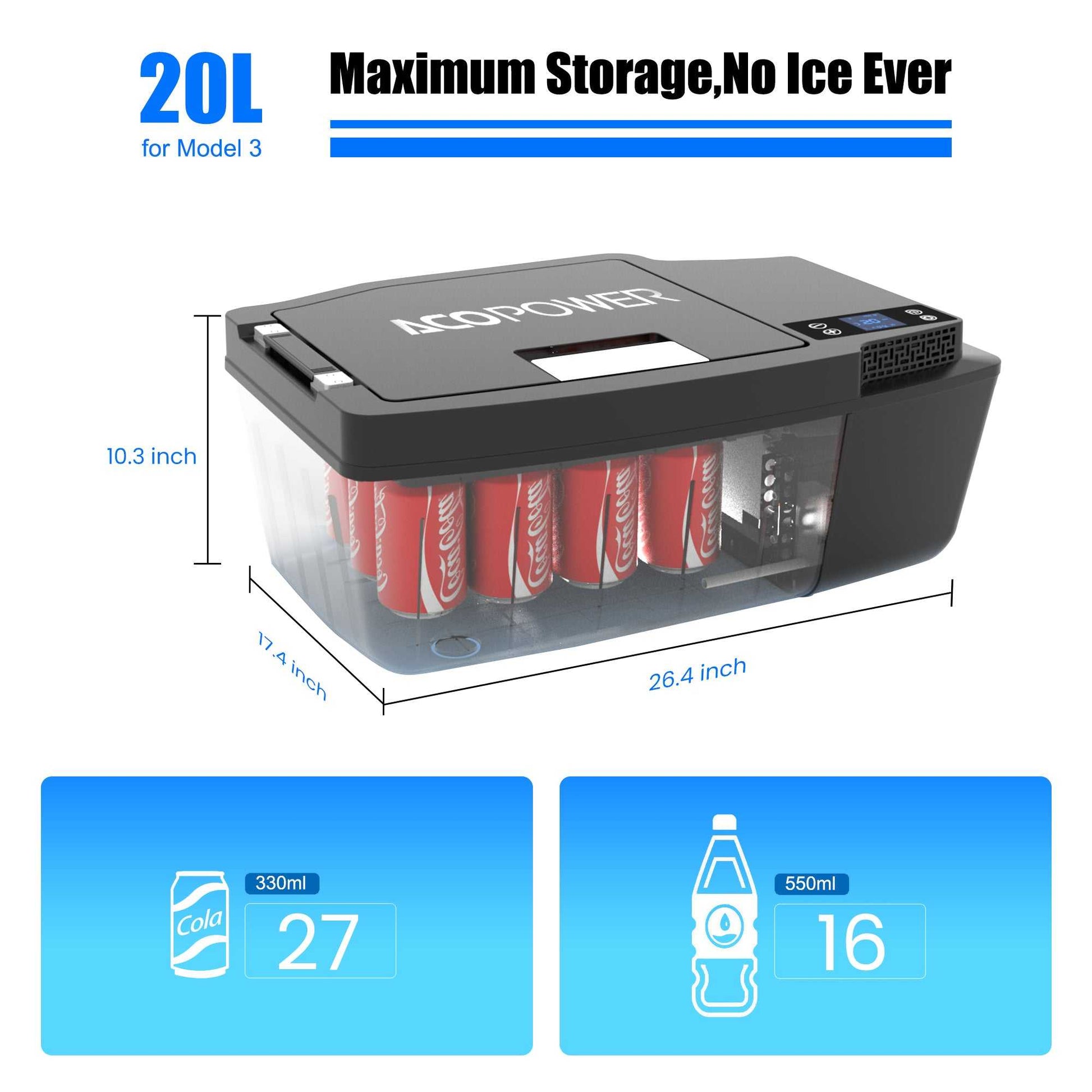 ACOPOWER TesFridge Portable Freezer for Tesla Model 3, Y, X with sleek design and efficient cooling, 22QT capacity, user-friendly controls, and quiet operation.