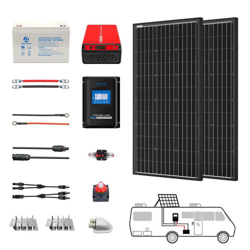 ACOPOWER Deep Cycle GEL Battery Solar Power System with Inverter for RV and Boat, includes panels, battery, and controller.