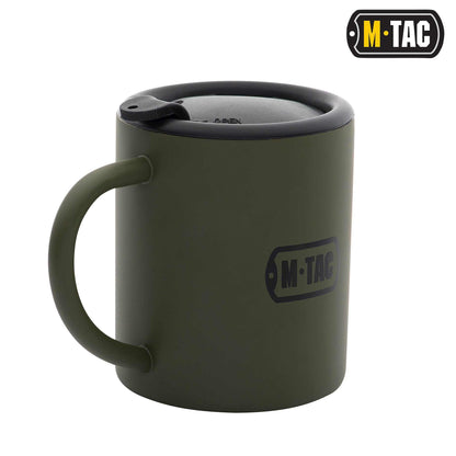 M-Tac 9oz insulated mug with lid, stainless steel, olive color.