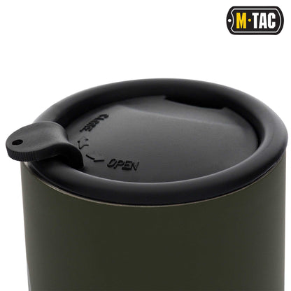 M-Tac 9oz olive insulated mug with lid, stainless steel, double-wall vacuum technology.