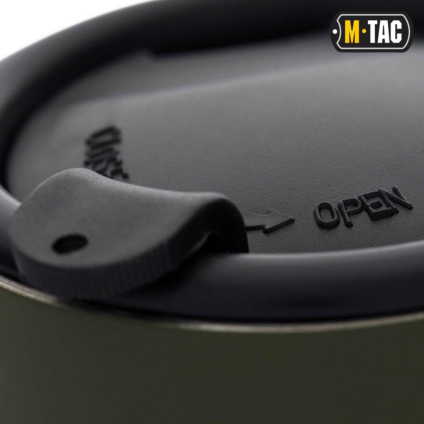 M-Tac 9oz insulated mug with lid, olive color, close-up.