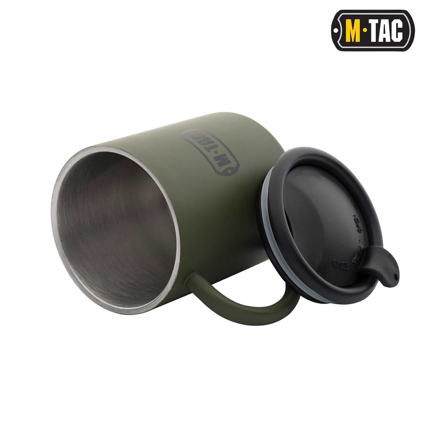 M-Tac 9oz olive insulated mug with lid and stainless steel construction.