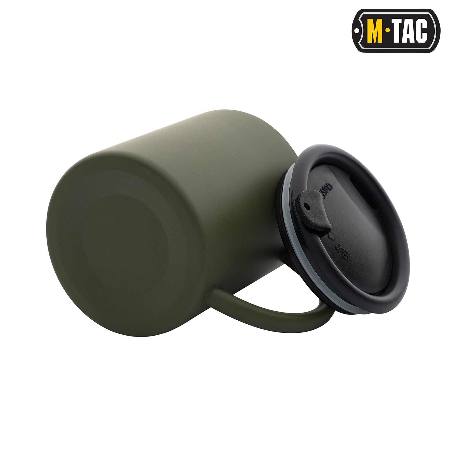 Olive M-Tac 9oz stainless steel insulated mug with lid, durable and glare-free.