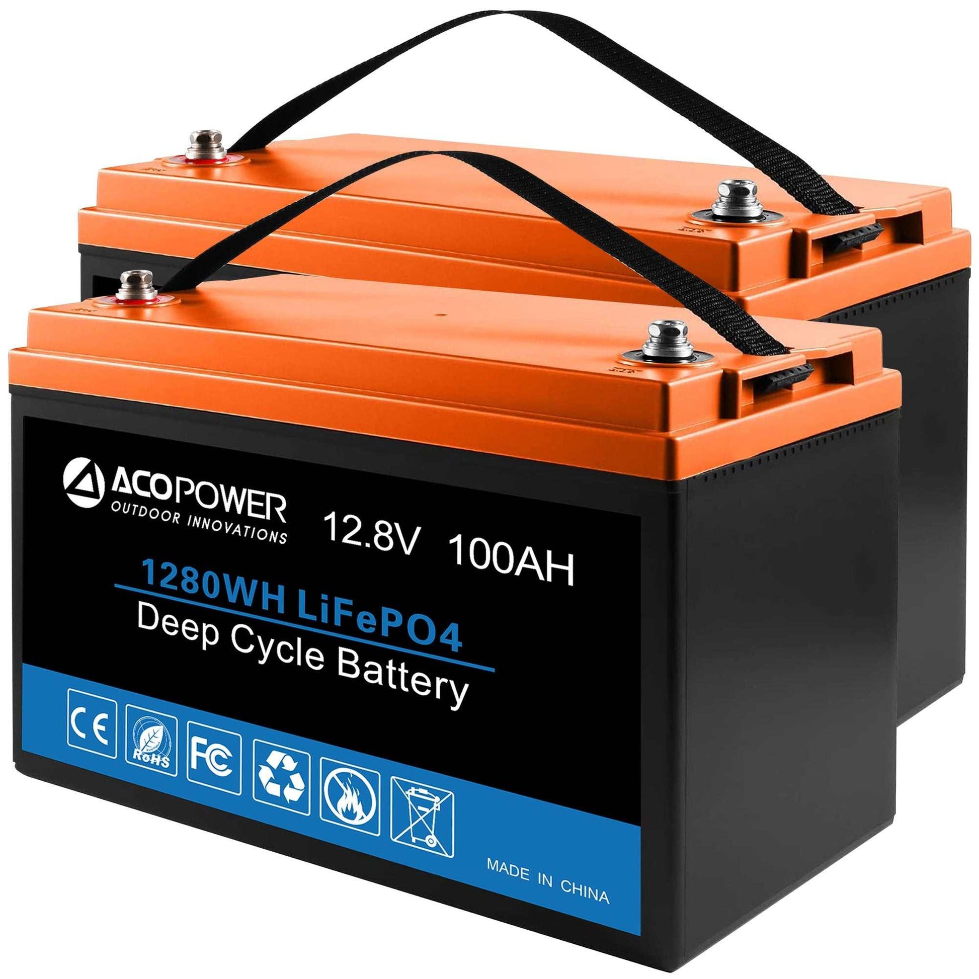 ACOPOWER 12.8V 100Ah LiFePO4 deep cycle lithium battery for solar power systems.