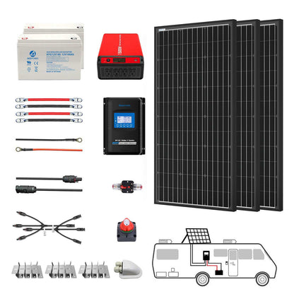 ACOPOWER Deep Cycle GEL Battery Mono Solar Power Complete System for RV and Boat Off-Grid 12V Kit with Inverter and Panels