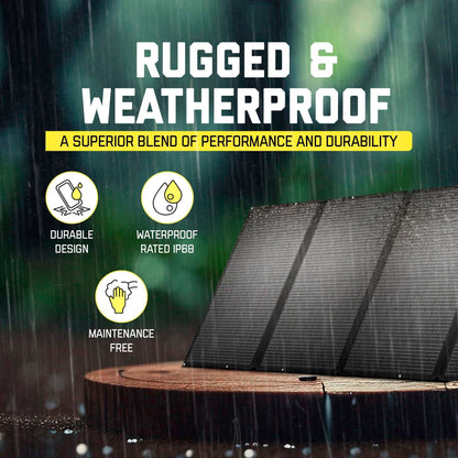 Rugged and weatherproof SunJack 400 Watt ETFE foldable portable solar panel charger with durable and waterproof design, suitable for outdoor adventures and emergencies.