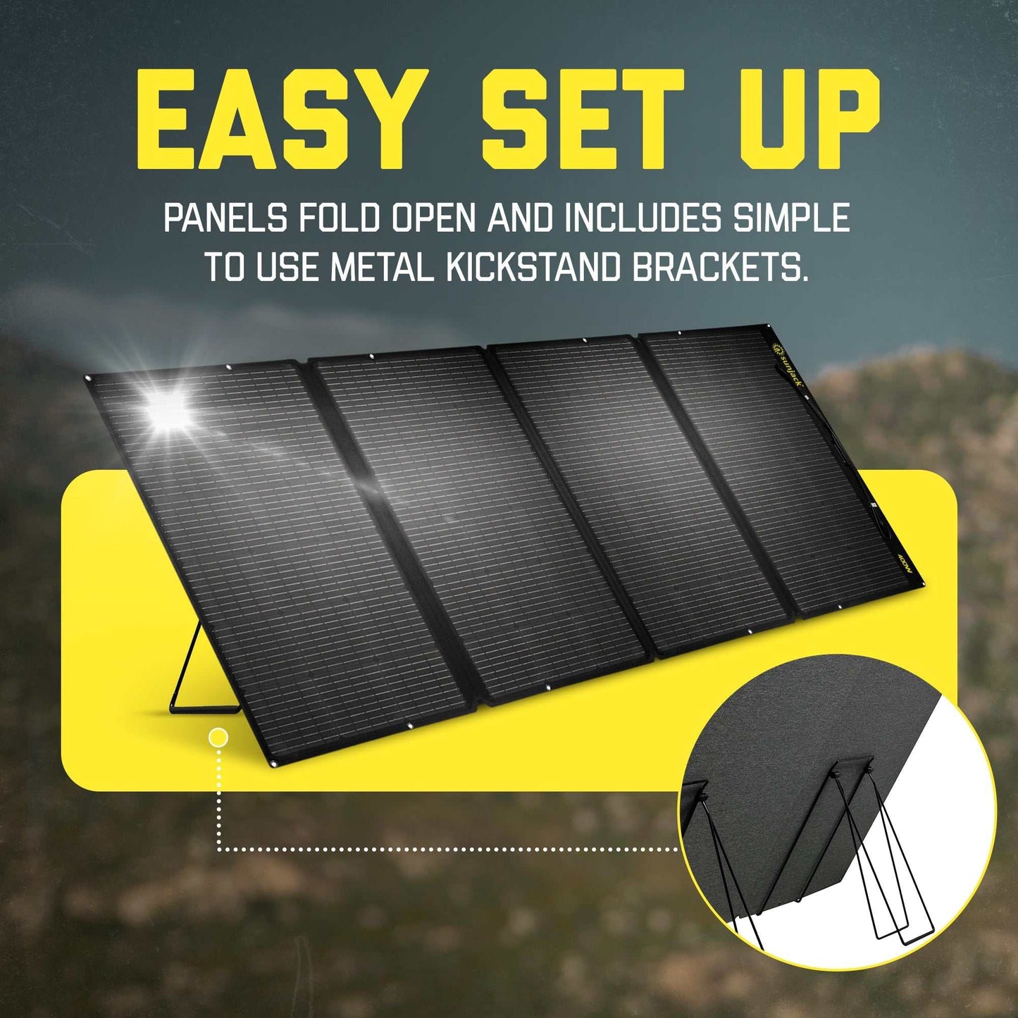 SunJack 400 Watt ETFE Foldable Portable Solar Panel Charger with kickstand brackets, easy setup.