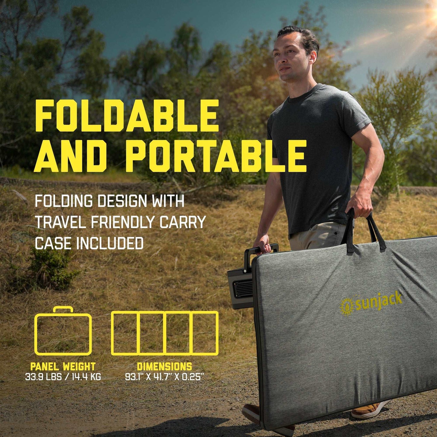 Foldable and portable SunJack 400 Watt ETFE solar panel charger with carry case; ideal for outdoor adventures.