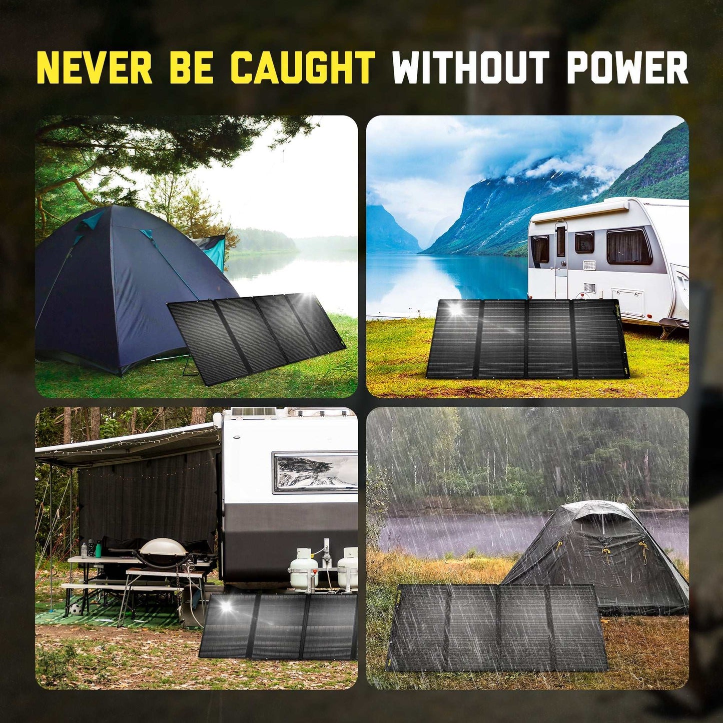 SunJack 400 Watt ETFE foldable portable solar panel charger in various outdoor settings including camping and RV, emphasizing reliable power in all weather conditions.