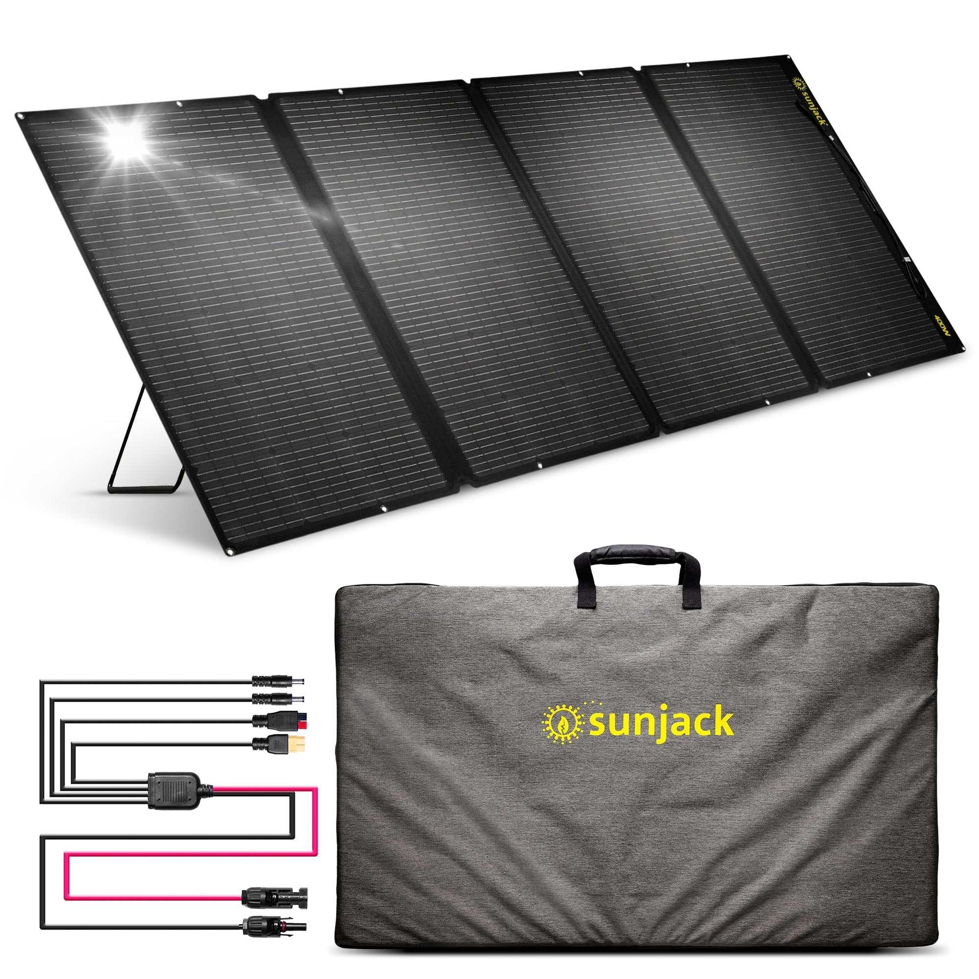 SunJack 400 Watt ETFE foldable portable solar panel charger with kickstand brackets, cables, and carrying case.