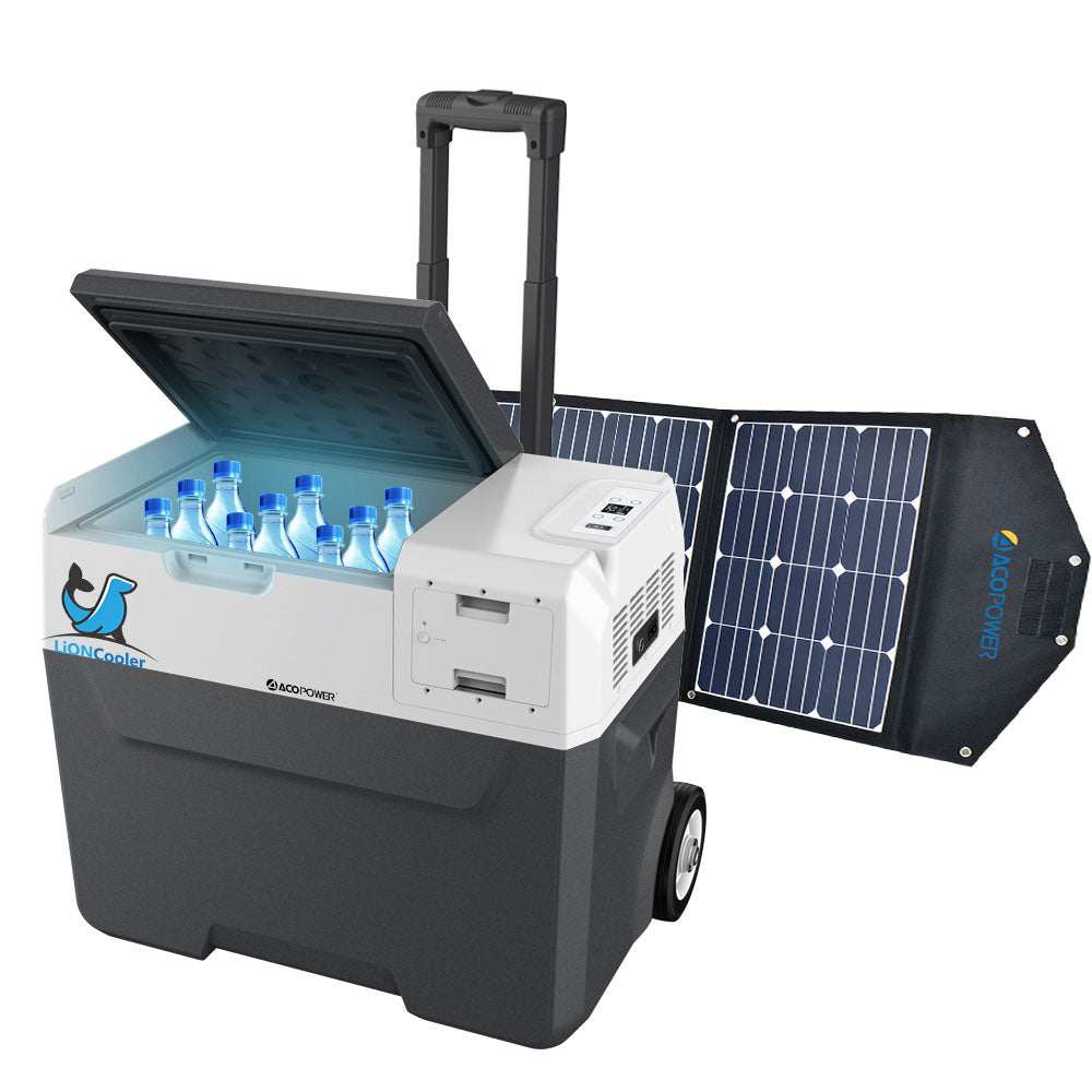 LiONCooler Combo X40A Portable Solar Fridge/Freezer with 90W Solar Panel, 42 quarts capacity, portable design.