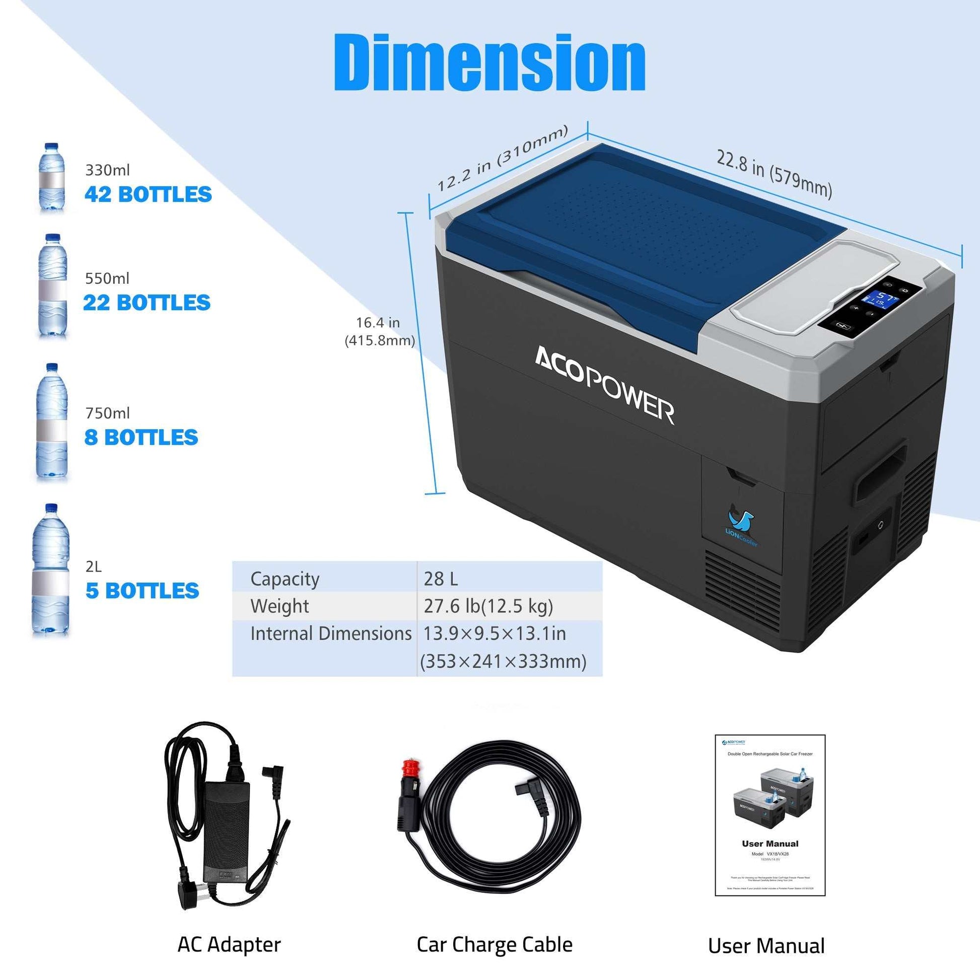 LiONCooler Mini Solar Powered Car Fridge Freezer, 29 Quarts with dimensions and accessories shown.