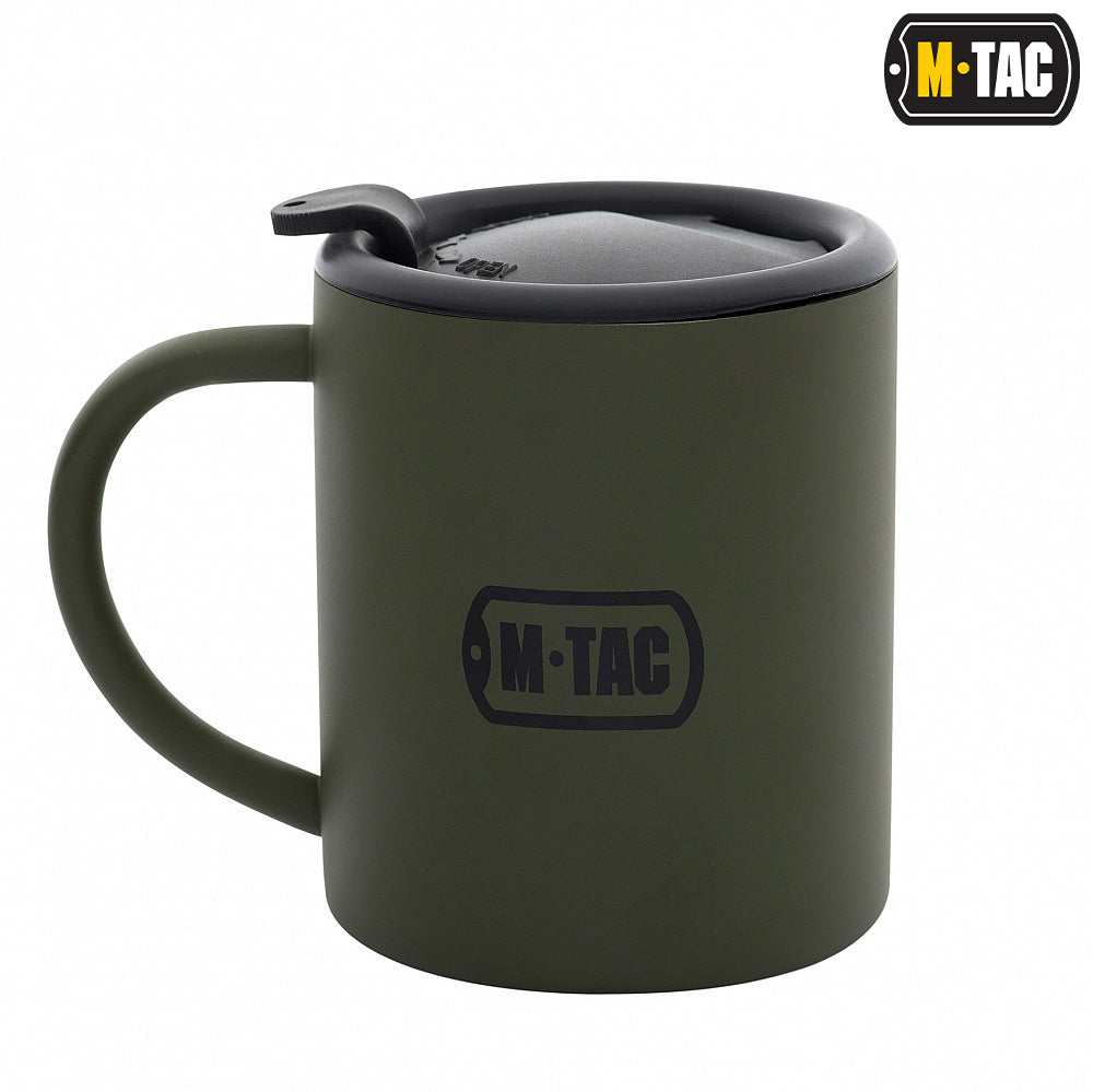 M-Tac 9oz insulated mug with lid, olive color, stainless steel construction, double-wall vacuum technology.