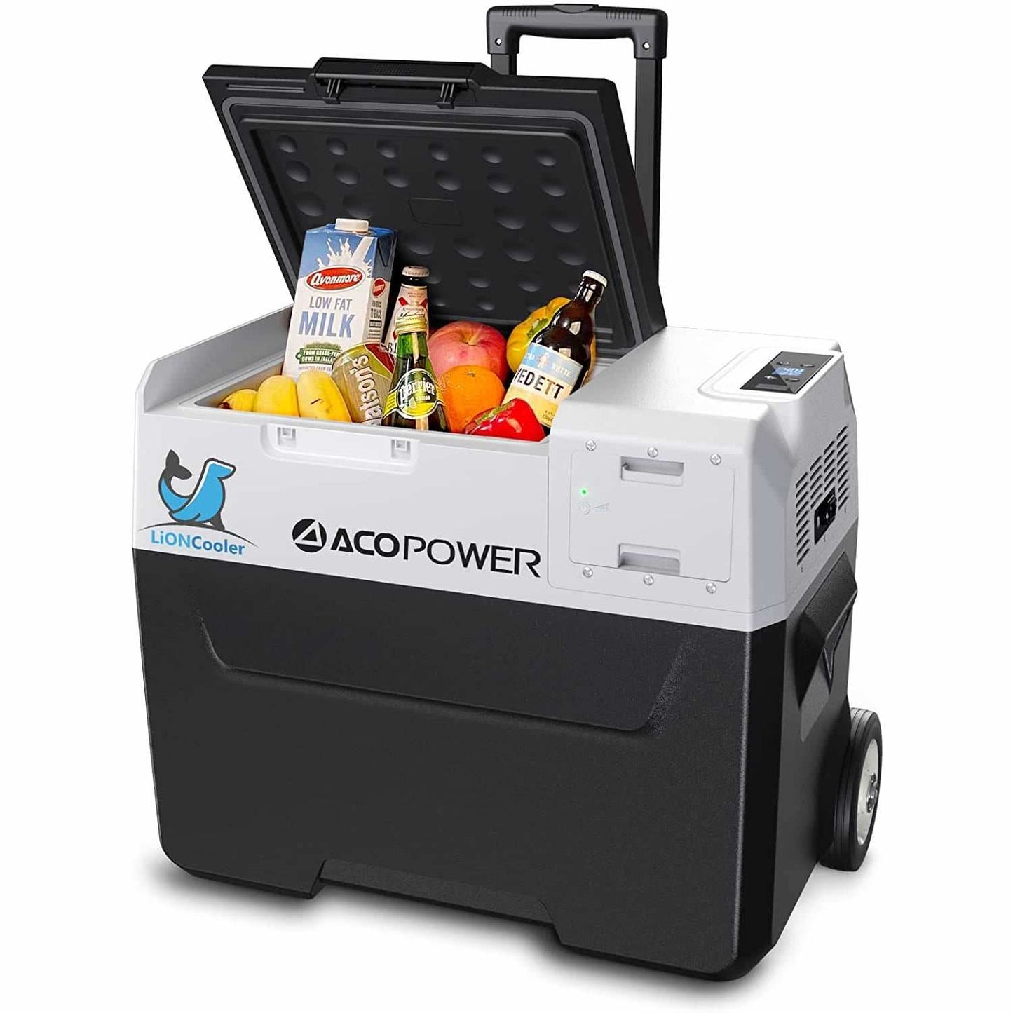 LiONCooler Combo X40A portable solar fridge/freezer with open lid showing contents, 42 quarts capacity by ACOPOWER.