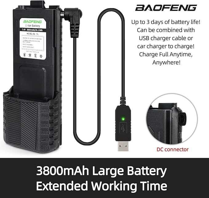 Baofeng UV-5R 3800mAh extended battery with USB-C charging port, reliable power for long-lasting performance.