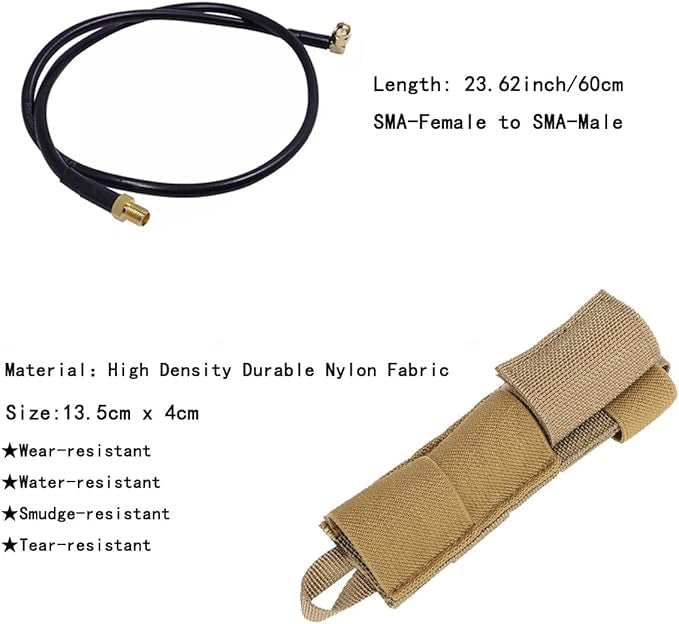 Antenna relocation kit with 23.62-inch cable and durable nylon pouch, designed for improved communication setup and easy body armor installation.