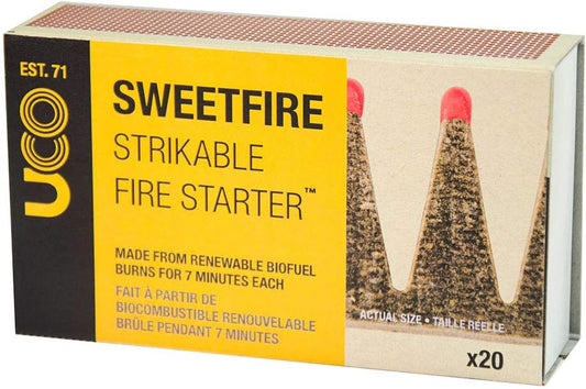 UCO Sweetfire Strikable Firestart - MT-SFP, 20 burn points, made from sugarcane waste, strikable tip, renewable biofuel.