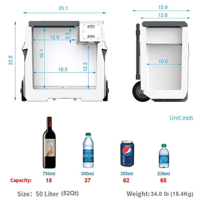 LiONCooler Combo X50A Solar Fridge Freezer 52 Quarts with 90W Foldable Solar Panel dimensions and capacity.