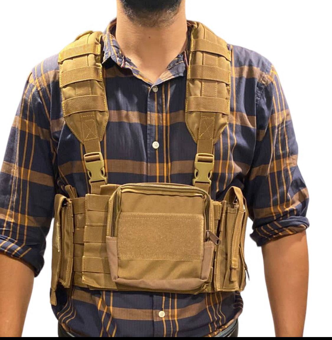 20 pcs Raider Chest Rig with accessories, includes padded shoulders, 500D nylon, adjustable, holds 5 AK/AR mags, utility and radio pouch.