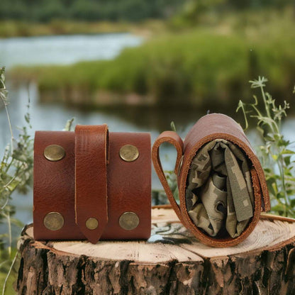 Kam Knife - Red Forest Pouch on tree stump in nature setting.