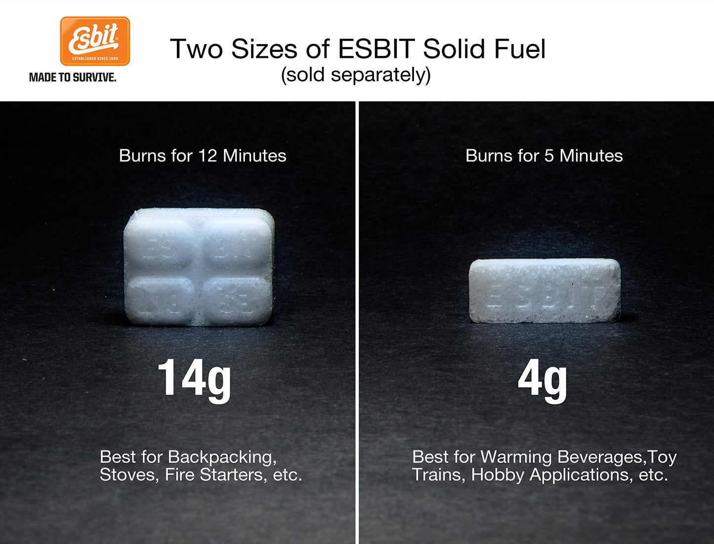 Esbit 4g Solid Fuel Tablets for Backpacking & Camping Stoves & Grills, 1300-Degree Smokeless Emergency Fire Starter Squares, 20 Pack