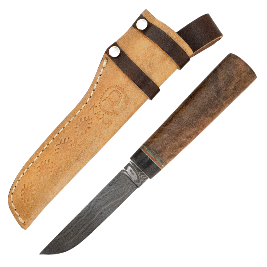 Kam Knife - P10 - Damascus Steel - Maun Wood G Micarta Handle - Fixed Blade Flat