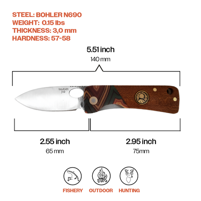 Kam Knife - J10 - D2 Steel - Maun Wood Handle - Pocket Knife