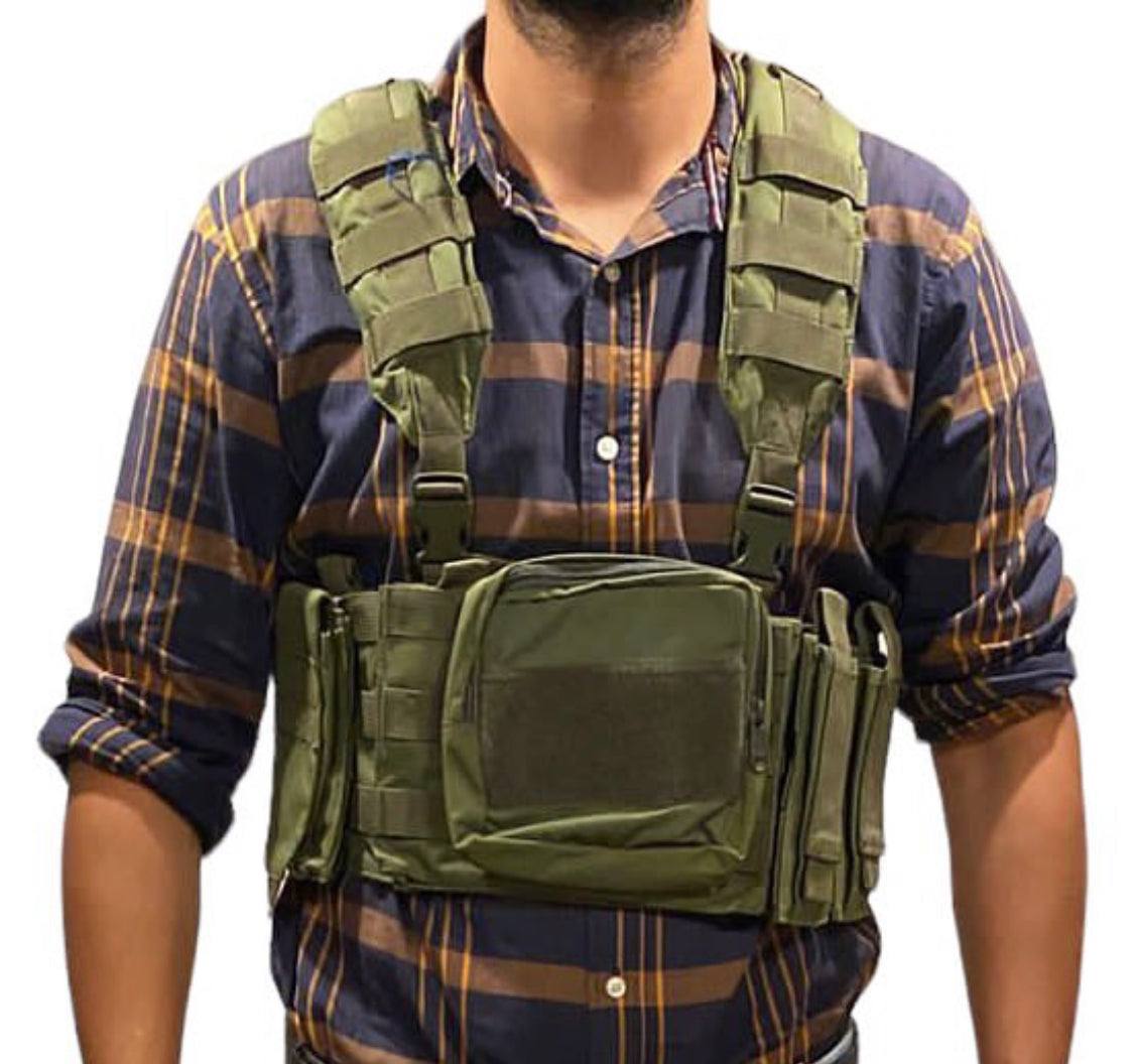 20 pcs Raider Chest Rig with accessories, made from 500D Nylon; includes pouches for AK/AR and pistol mags, utility and radio pouches, adjustable fit.