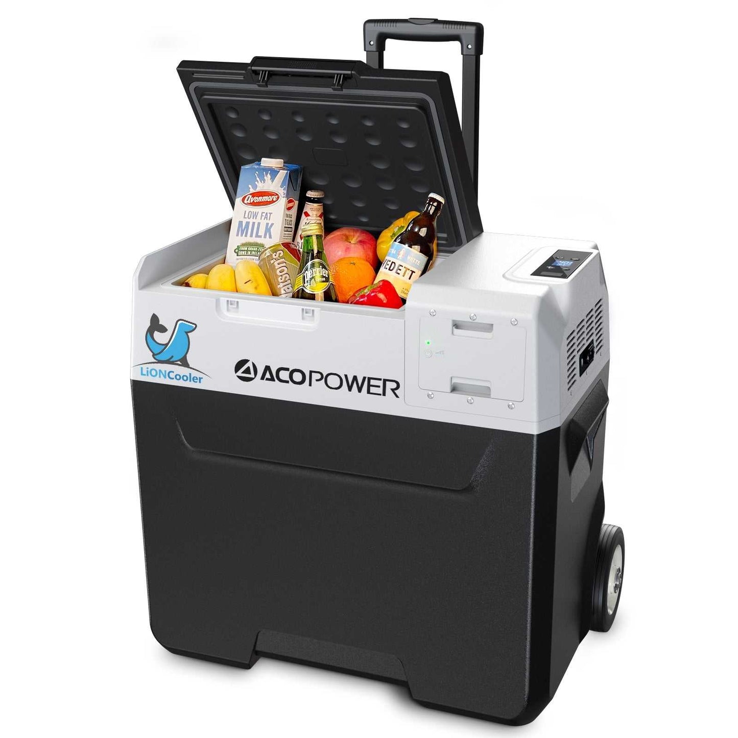 LionCooler X50A Portable Solar Fridge Freezer, 52 Quarts filled with assorted beverages and fruits.