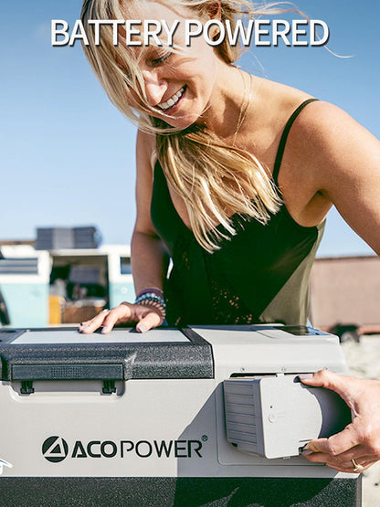 Battery powered ACOPOWER fridge in use outdoors.