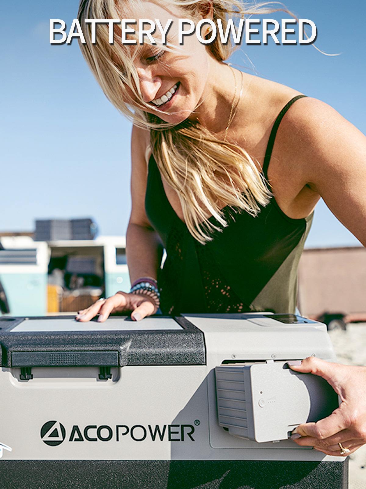 Battery-powered ACOPower LionCooler X30A Portable Solar Fridge Freezer in use outdoors.