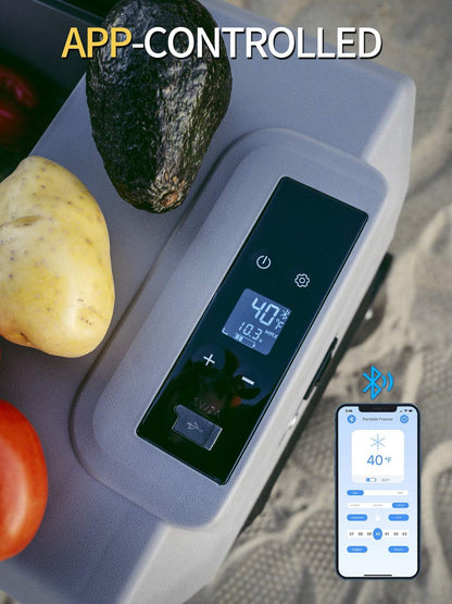 LionCooler X50A Portable Solar Fridge Freezer with app control display, shown with produce.