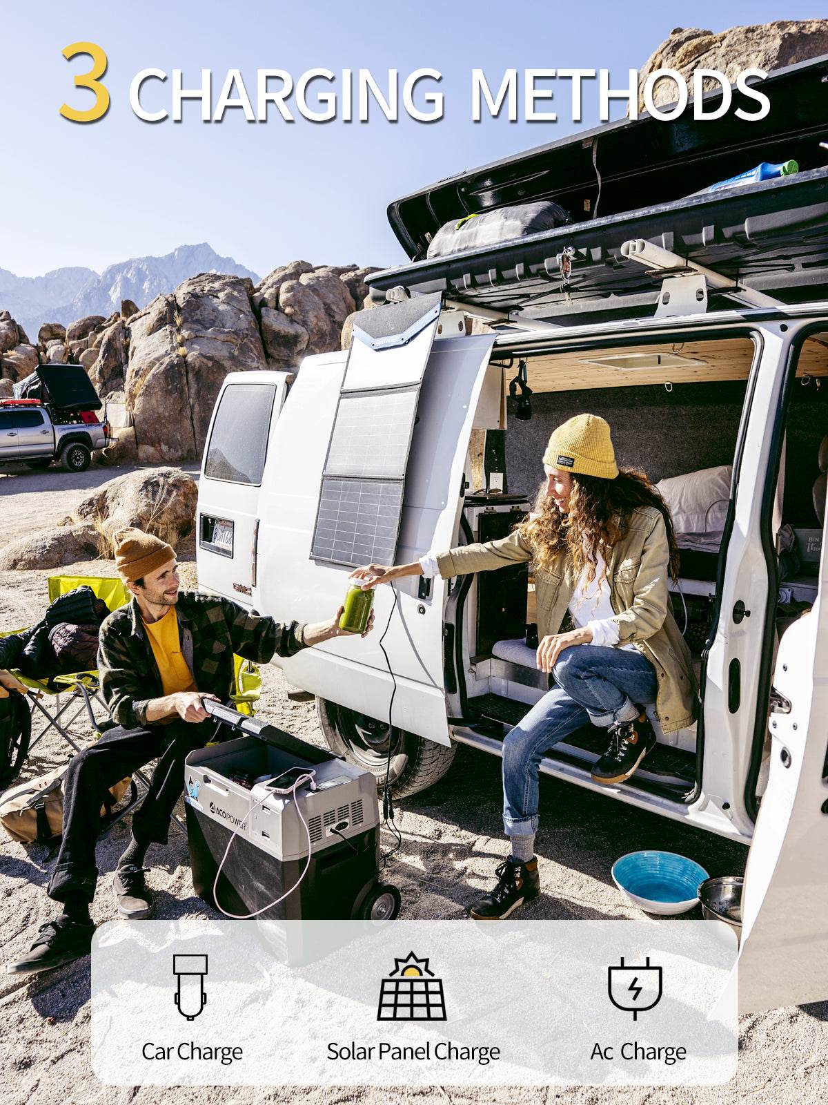 LionCooler X50A portable solar fridge freezer with three charging methods, shown in outdoor setting.