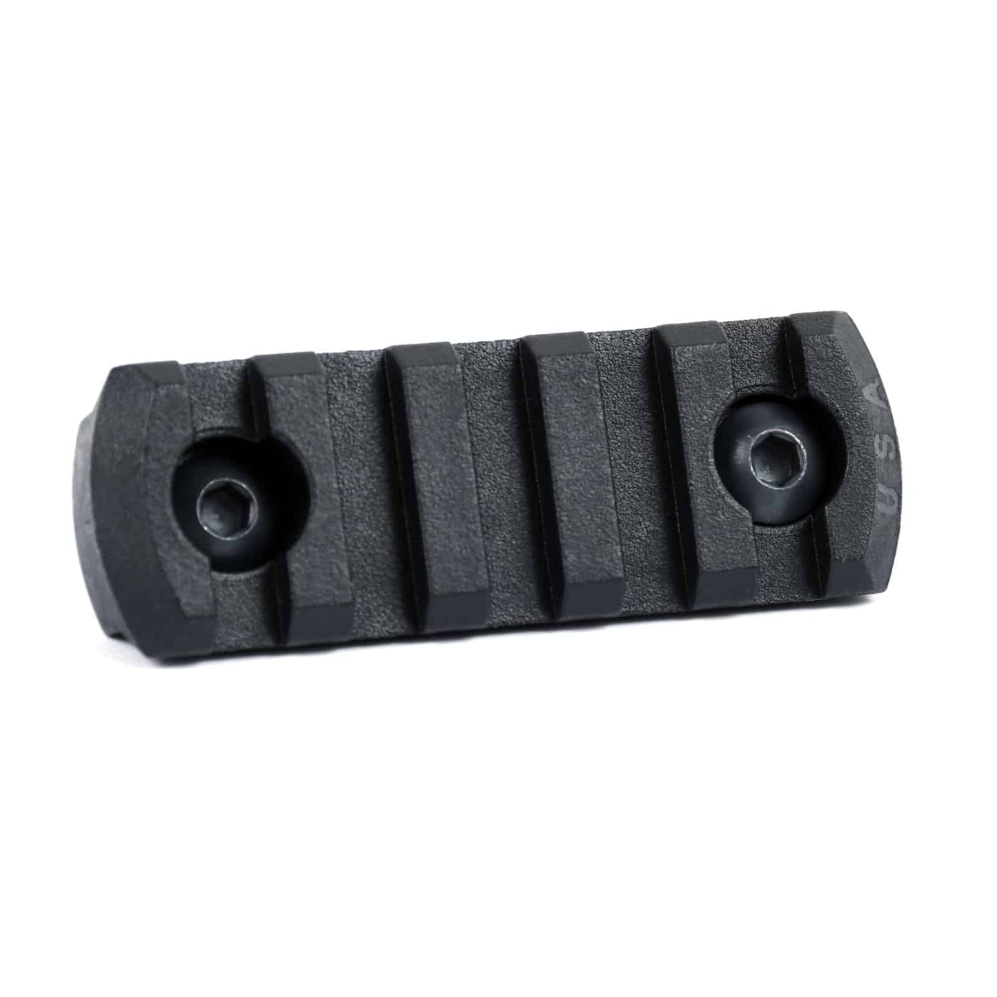 Polymer M-LOK rail section with 5 slots for mounting accessories, made in the USA.