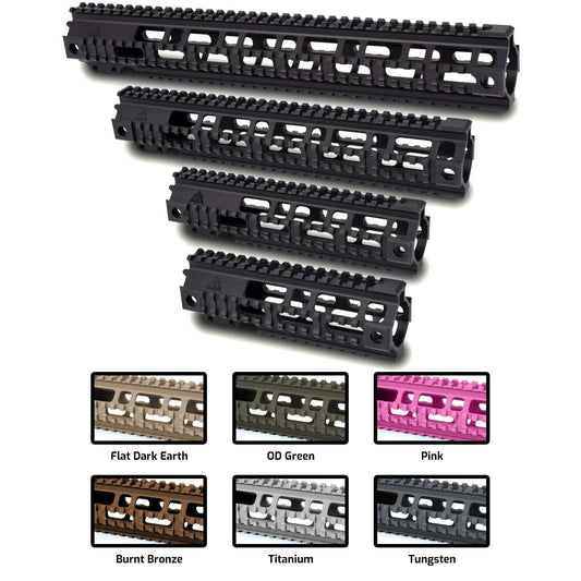 Pro Quad Rails in multiple colors, compatible with AR15, available in four lengths.