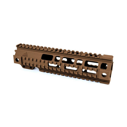 Pro Quad Rails Free Float AR15 Handguard in Flat Dark Earth color, lightweight and rigid with Picatinny rails, compatible with Mil-spec uppers.