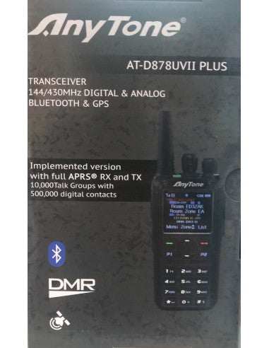 Anytone AT-D878UVII PLUS dual-band DMR radio with Bluetooth and GPS features.